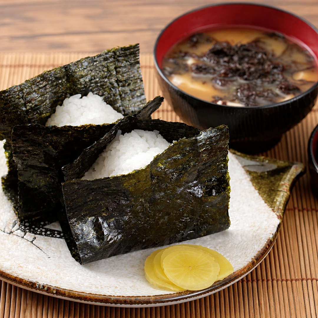 Two rice balls wrapped in seaweed on a plate with pickled radish, next to a bowl of miso soup with seaweed.