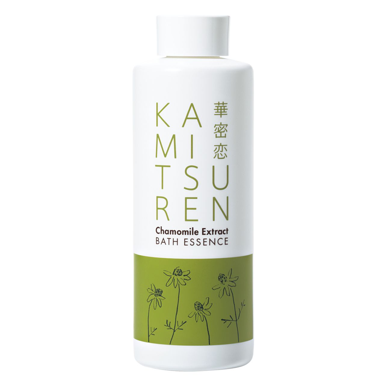 White bottle of Kamitsuren Chamomile Extract Bath Essence with green floral design.