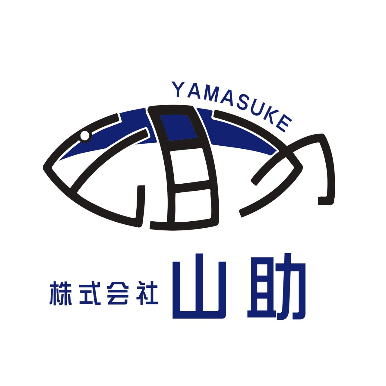 Stylized fish logo with "YAMASUKE" text inside. Below, Japanese characters that likely spell "Yamasuke Co., Ltd." appear in blue.