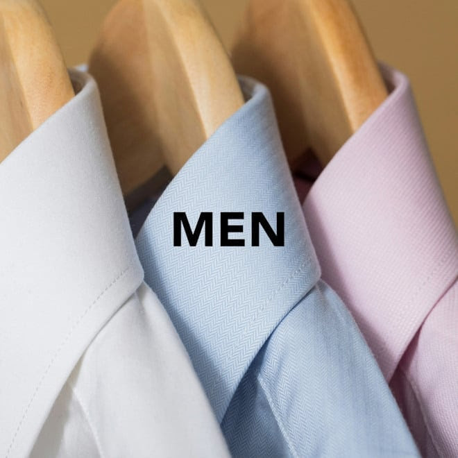Three men's dress shirts on hangers: white, light blue, and pink, with "MEN" text overlay.