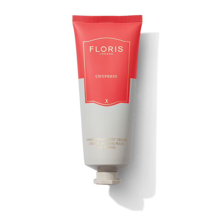 A tube of Floris London Chypress hand treatment cream with a red and gray design, featuring a screw cap and elegant branding.