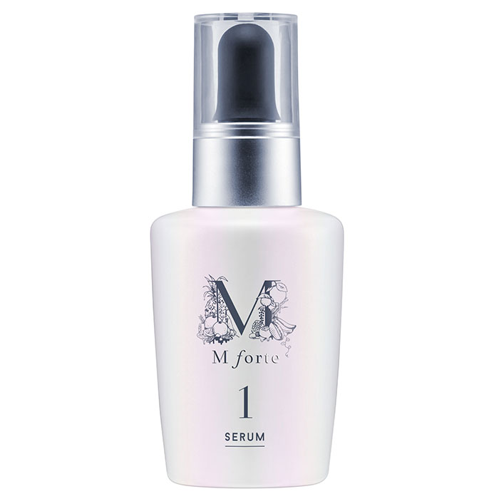 A white bottle of M forte 1 Serum with a pump dispenser and floral design on the label.