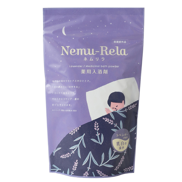 Purple packaging of Nemu-Rela lavender bath powder, featuring a person sleeping under a blanket with floral designs, and moon and stars above.