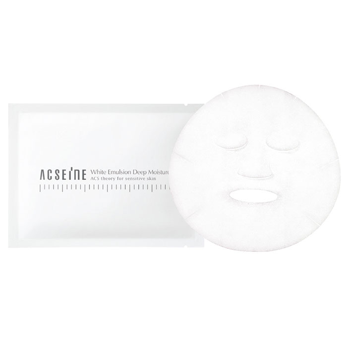 A white sheet face mask and its packaging labeled "ACSEINE White Emulsion Deep Moisture" for sensitive skin.